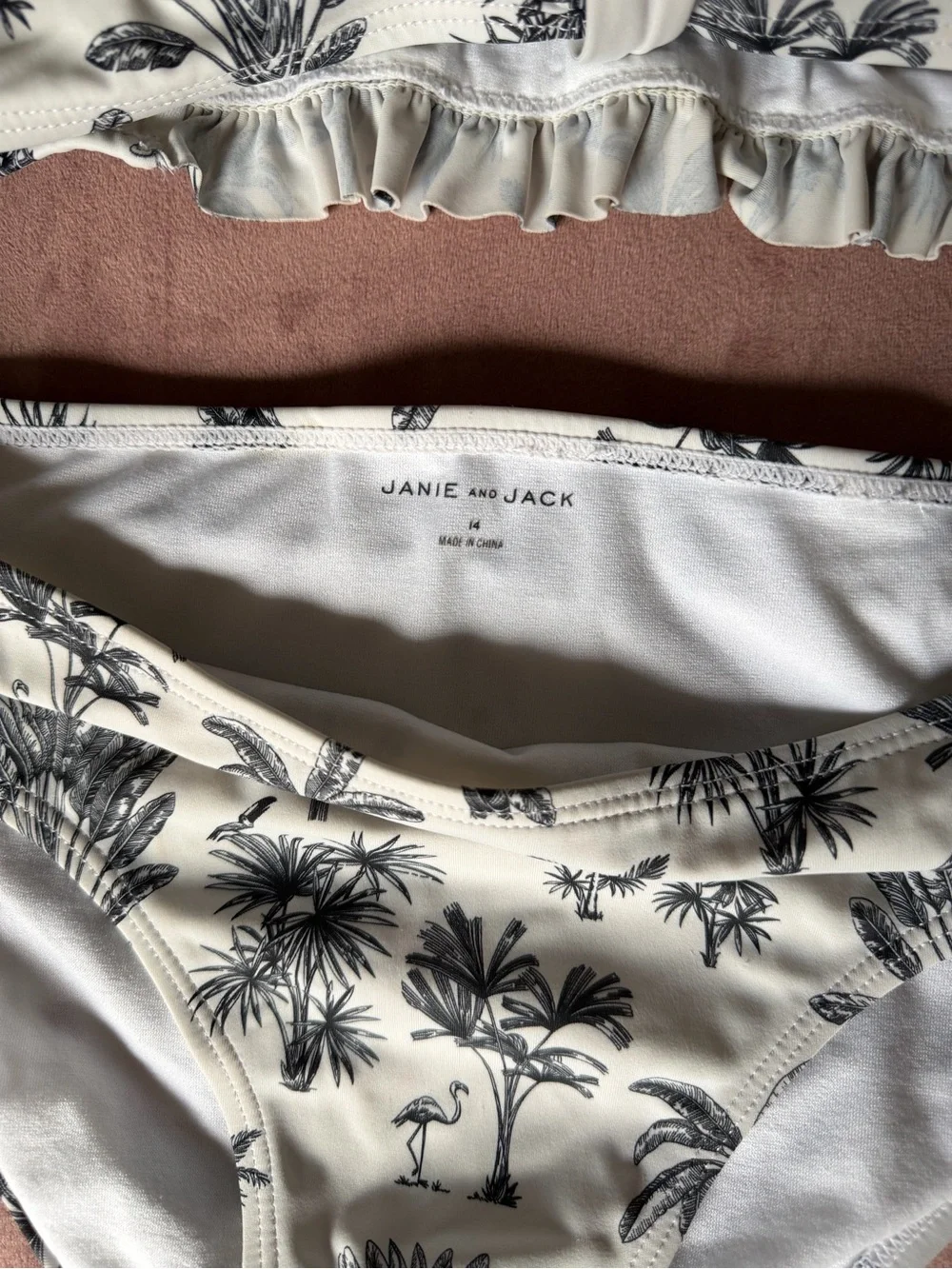 Janie and Jack White Bikini Set with Black Palm Print